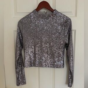 Mango Silver Sequin Long-Sleeve Crop Top